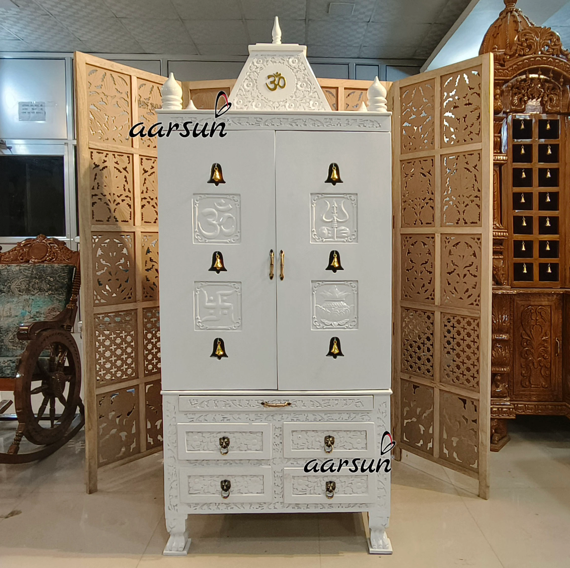 Home Temple Design - Om, Trishul, Swastik, Kalash