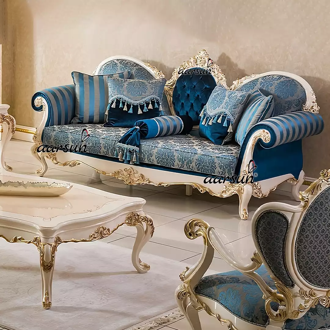 Royal White Finish Sofa Set with Gold Highlights - Aarsun Royal Furniture