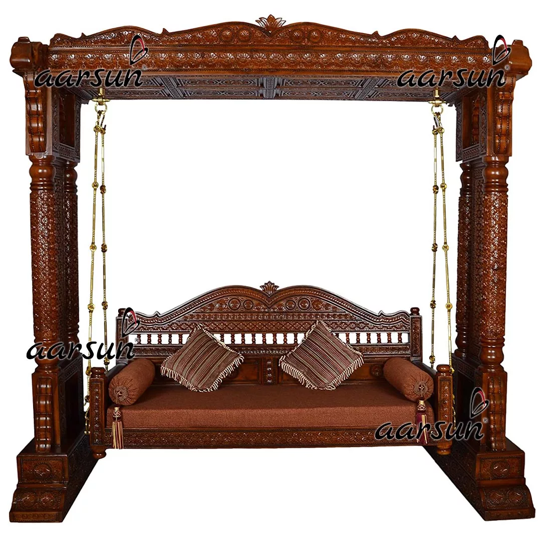 Traditional Hand Carved Wooden Jhoola by Aarsun in teak wood with elegant fabric