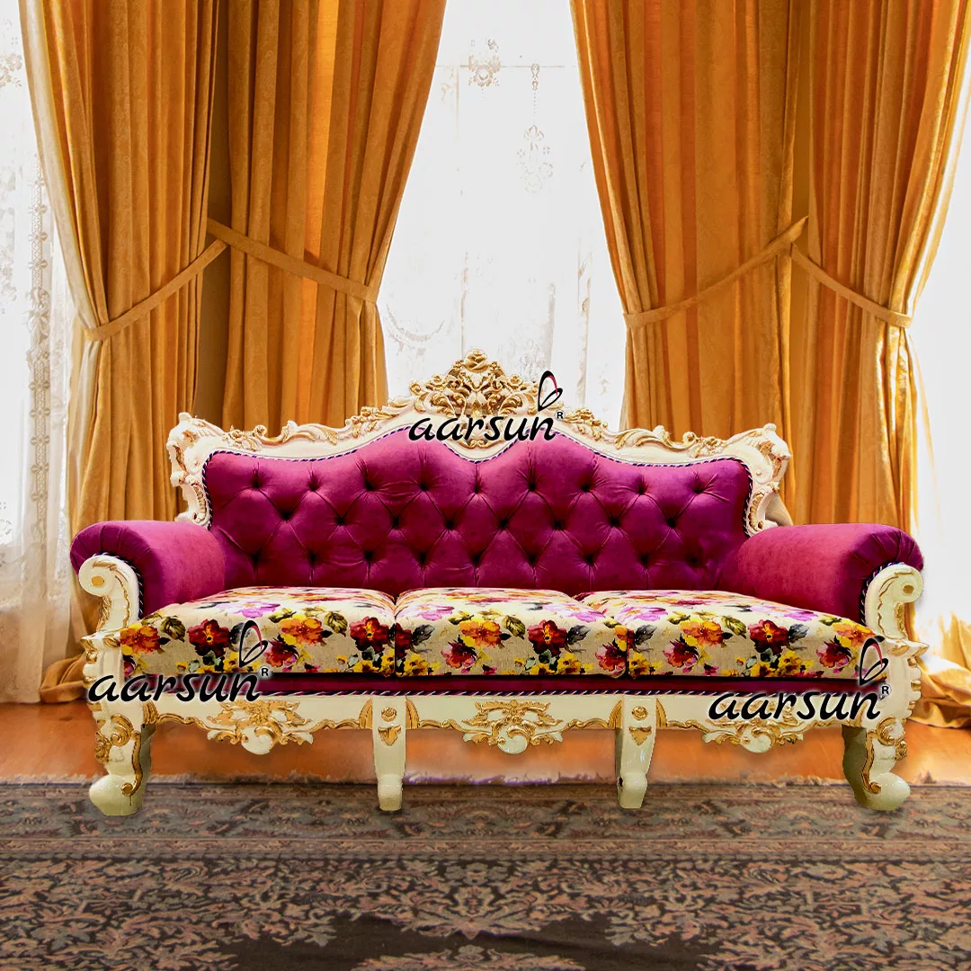 3 Seater Royal Sofa in Mauvish Magenta and Vintage Chintz Fabric