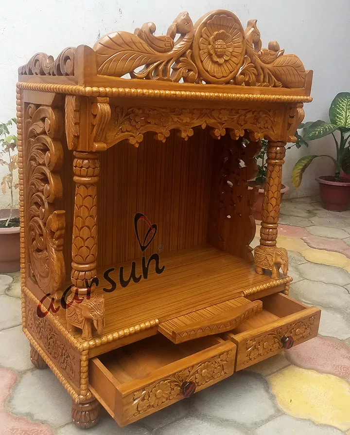 Peacock Design Wooden Mandir for Home UH-MNDR-0135-A