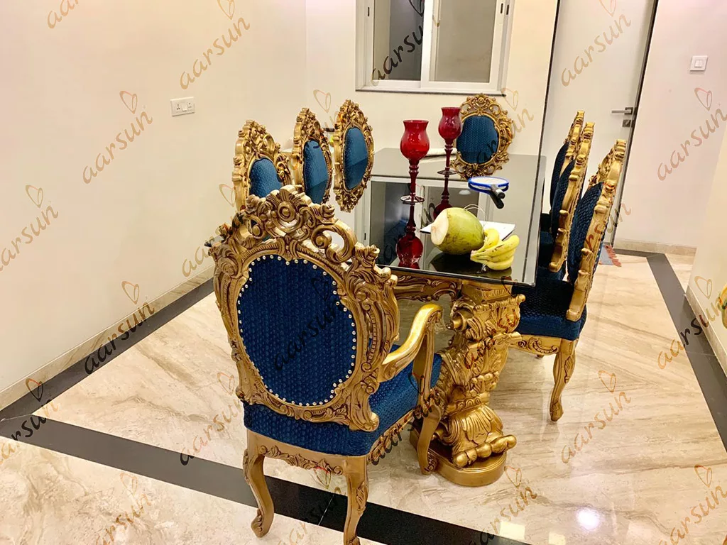 Teak Wood Dining set in royal blue fabric and gold polish