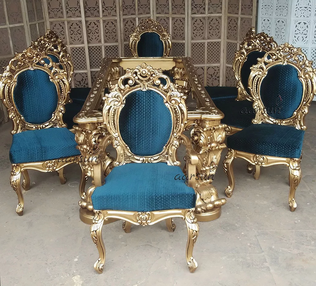 Teak Wood Dining set in royal blue fabric and gold polish