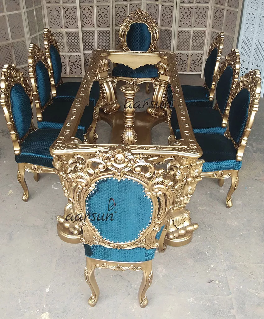 Teak Wood Dining set in royal blue fabric and gold polish