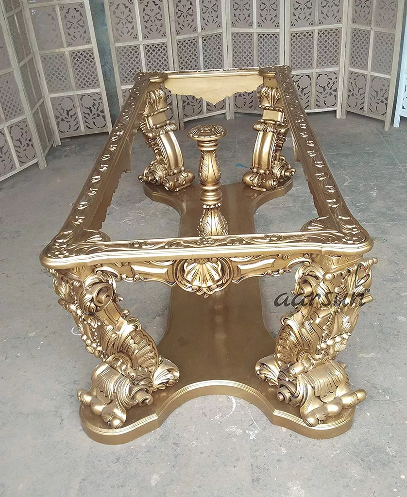 8 Seater Teak Wood Dining Set Table in Gold Polish