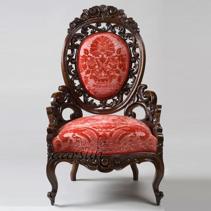 Antique Wooden Chair by Aarsun in thick carving on Teak gloss finish and red upholstery