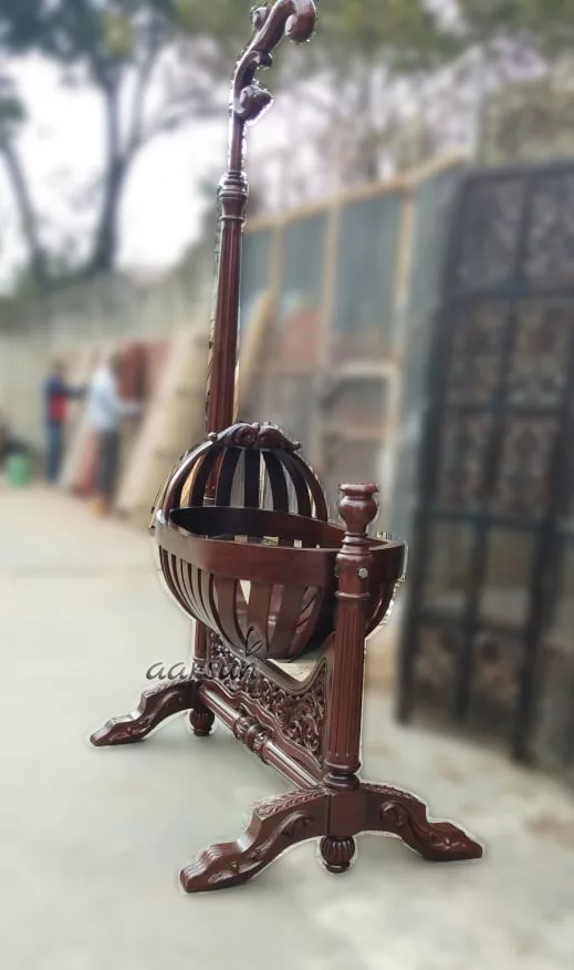 Round Egg Shape Handcrafted Baby Cradle, Oval Design Solid Wood Baby Palna by Aarsun