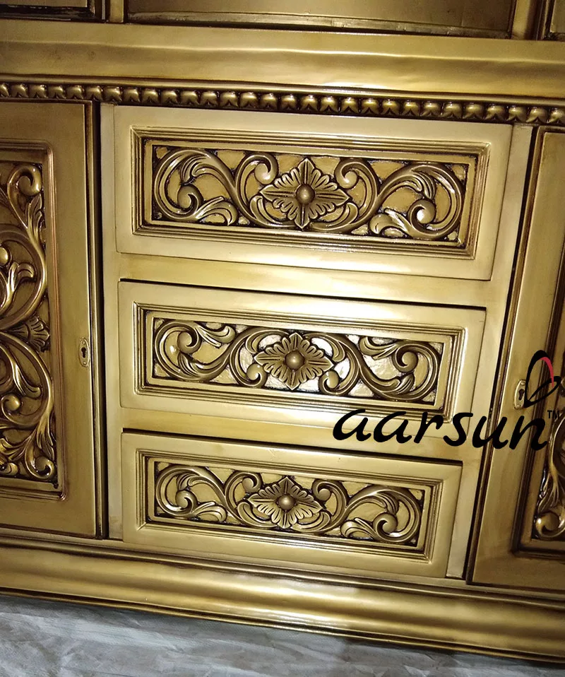 Royal Gold Finish Wooden Crockery Cabinet, Hand Carved Design With Premium Top Quality Solid Wood Storage Cabinet By Aarsun