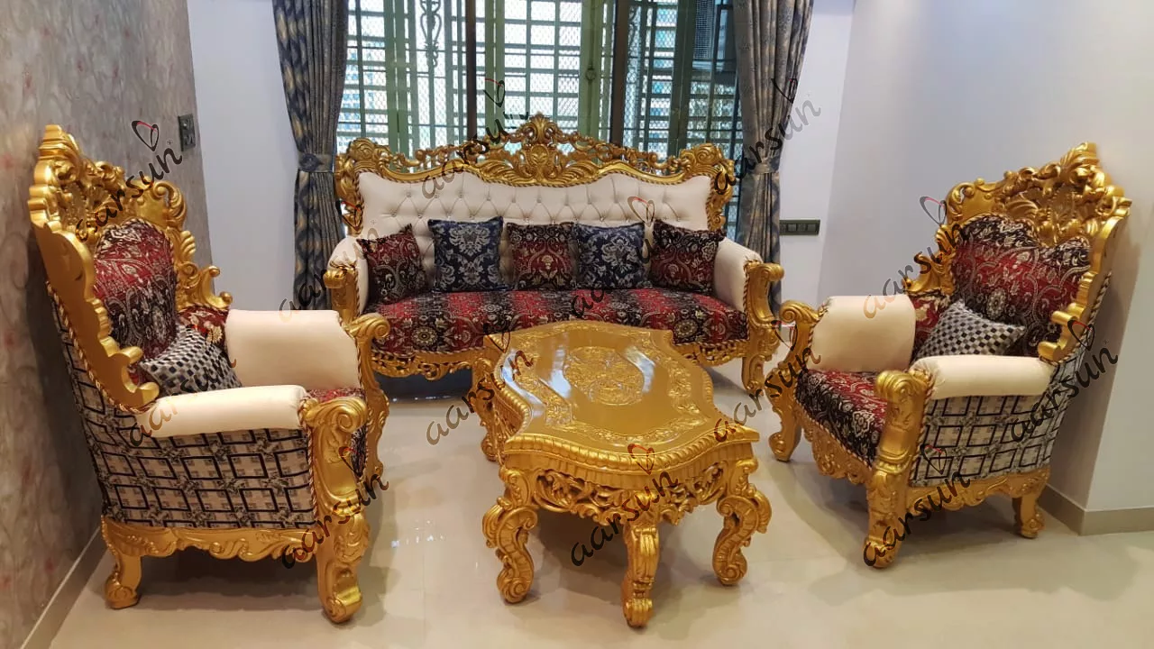 UH-SF-0061 Royal Wooden Golden Sofa Set
