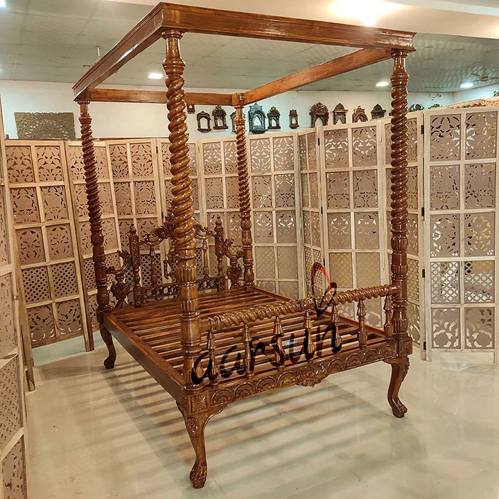 Wooden Poster Bed with Natural Finish – UH-BED-0049-A