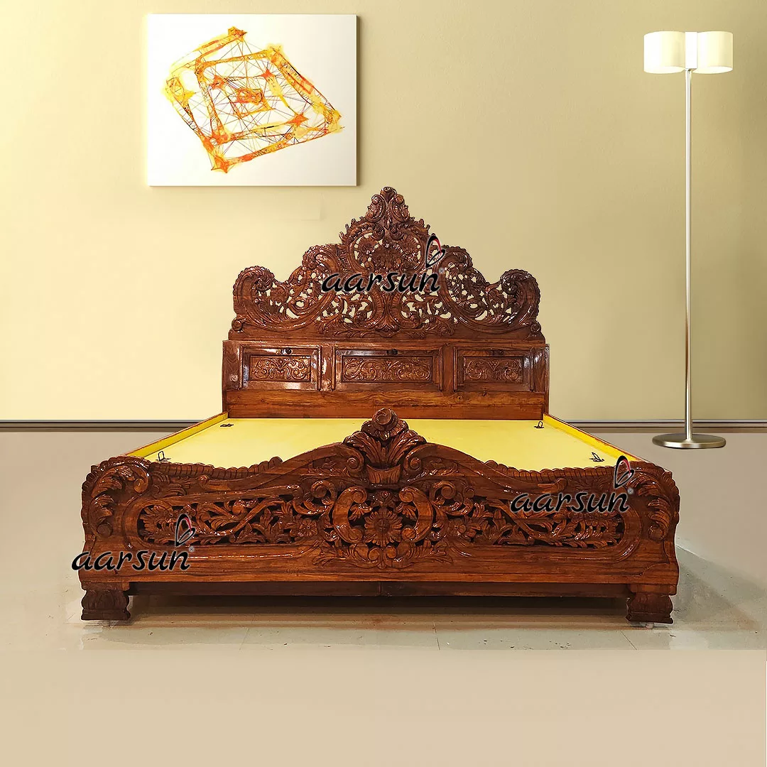 Image for Carved Wooden Bed Natural Finish UH-YT-241