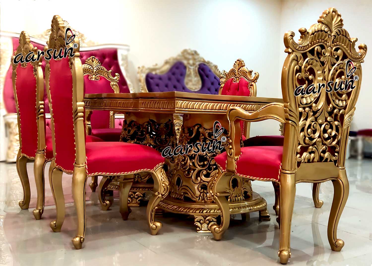 6 Seater Dining Set in Gold Paint & Pink Fabric YT-269-J