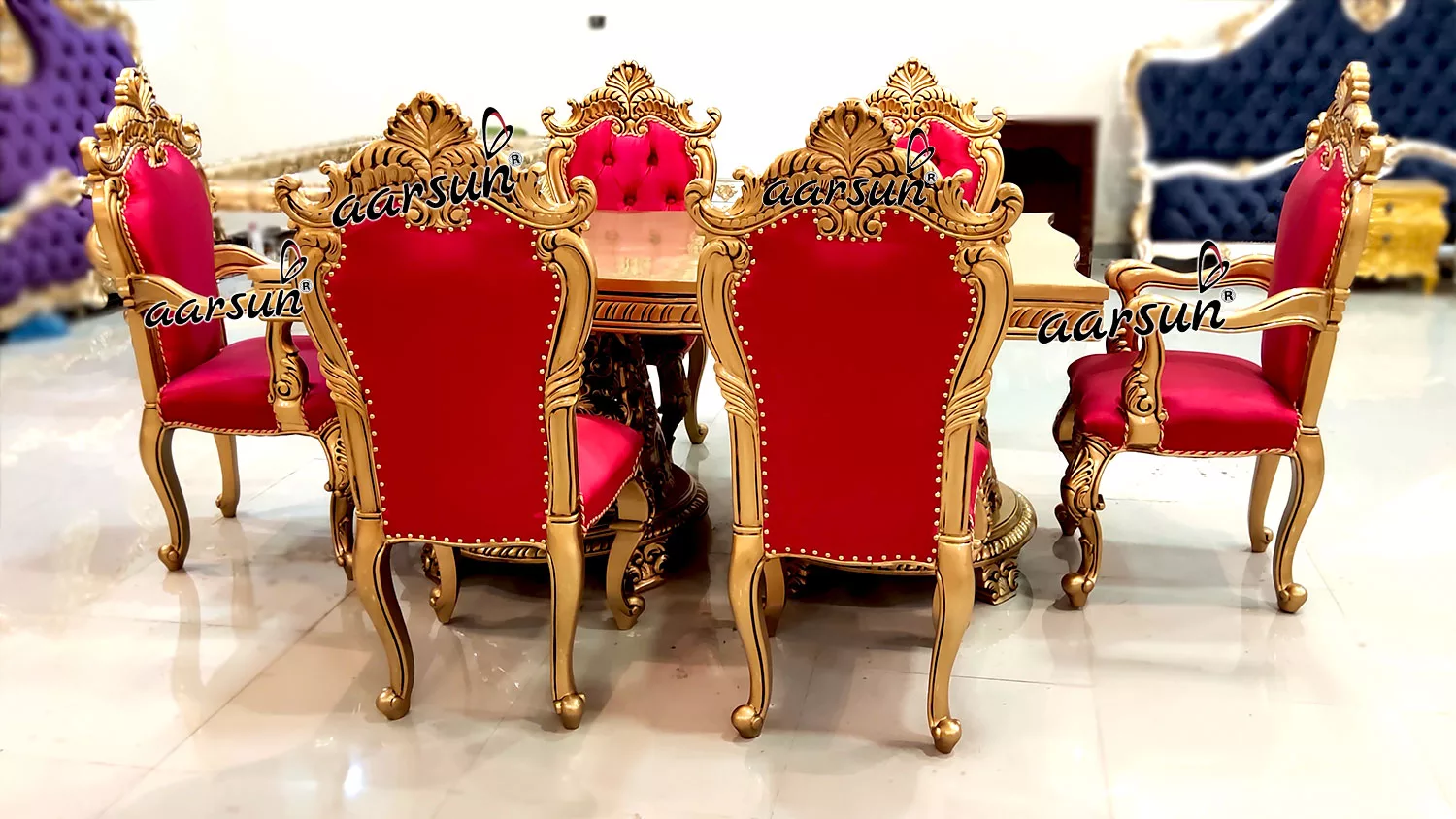 6 Seater Dining Set in Gold Paint & Pink Fabric YT-269-K