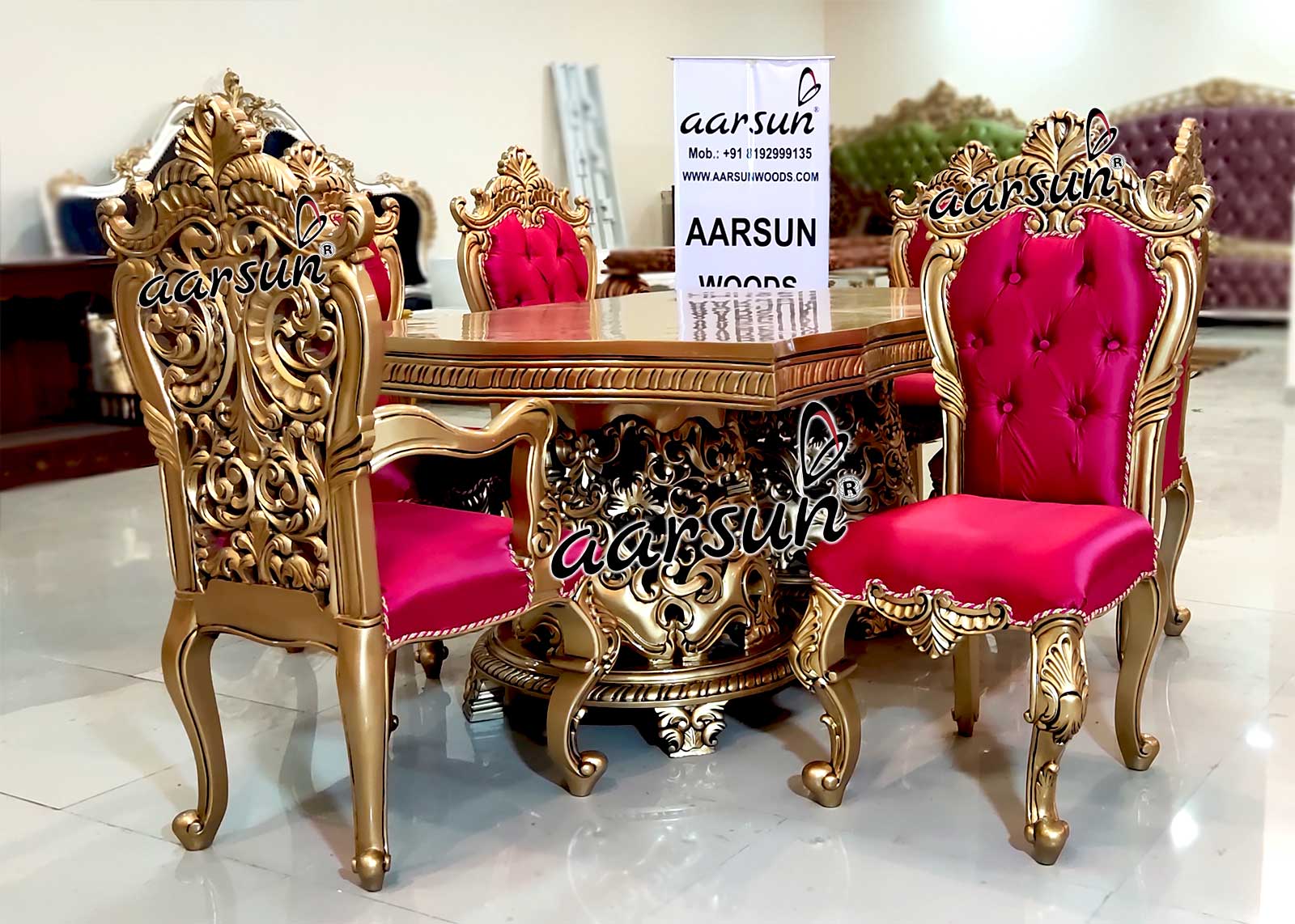 6 Seater Dining Set in Gold Paint & Pink Fabric YT-269-L