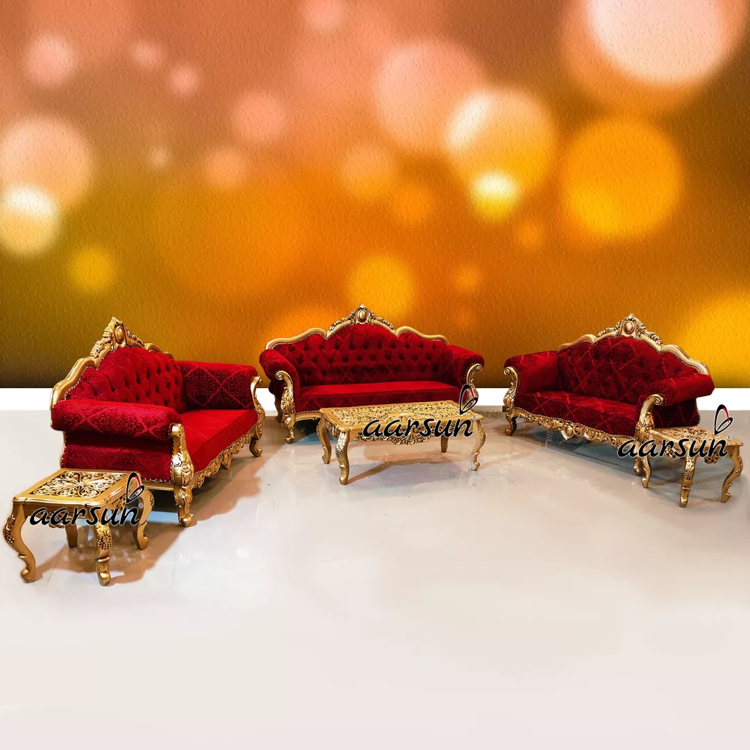 7 Seater Gold Polish Sofa with Red Fabric