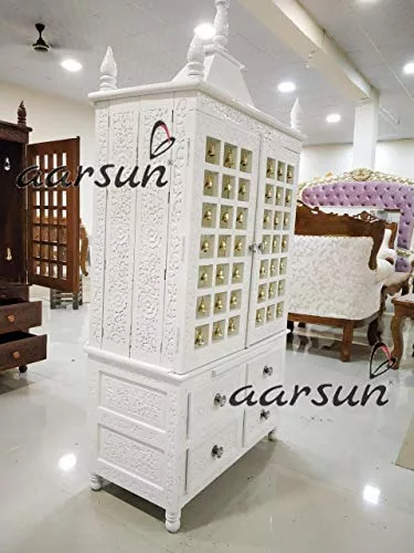 Aarsun Temple Pooja Mandir in White Finish - UH-TEAKWHT-002-D
