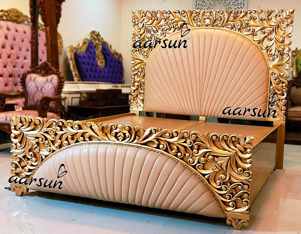 Gold Finish Royal Bed with Leatherette, Top Quality Modern Designer Bed By Aarsun