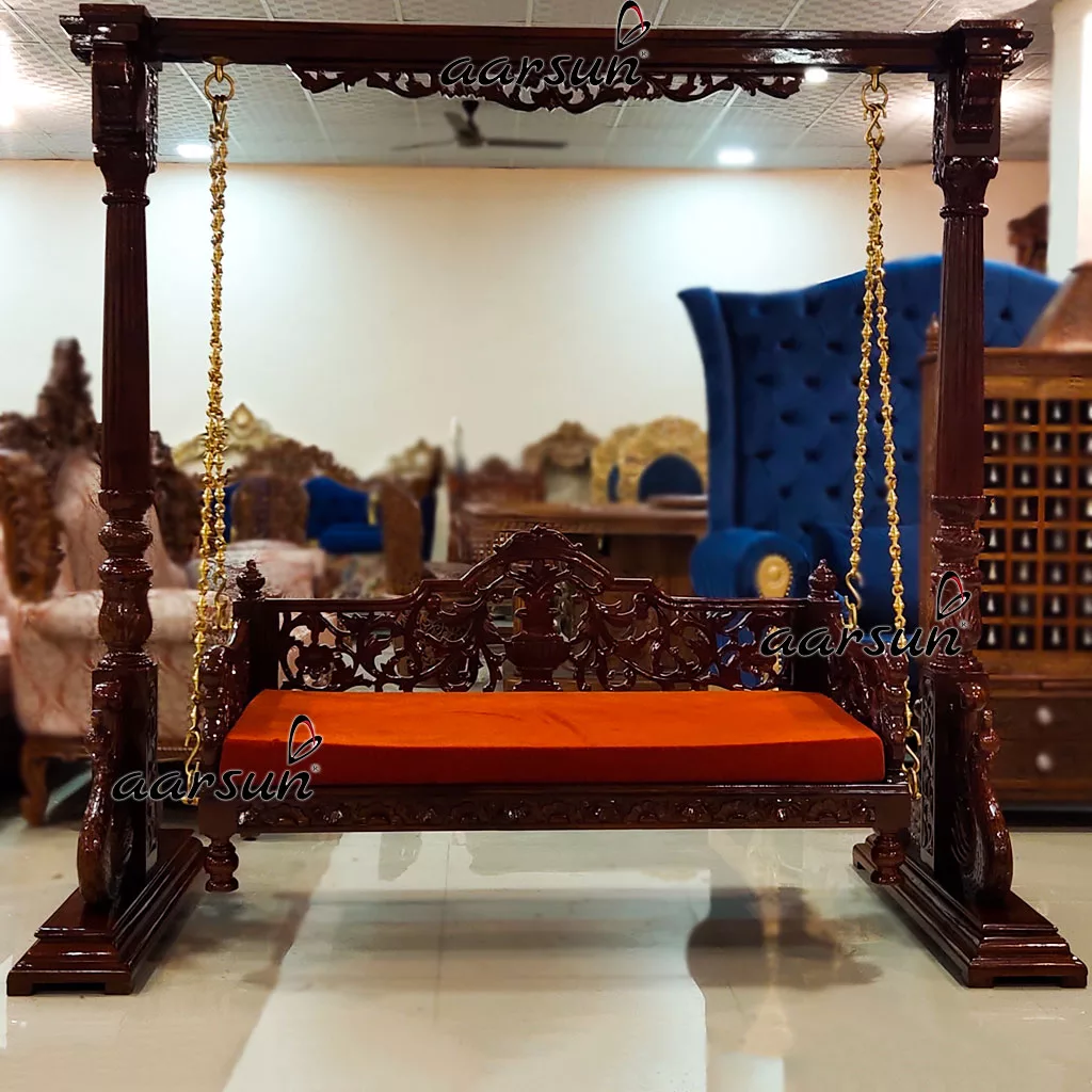 Handcrafted Rust Fabric Swing in Teak Wood