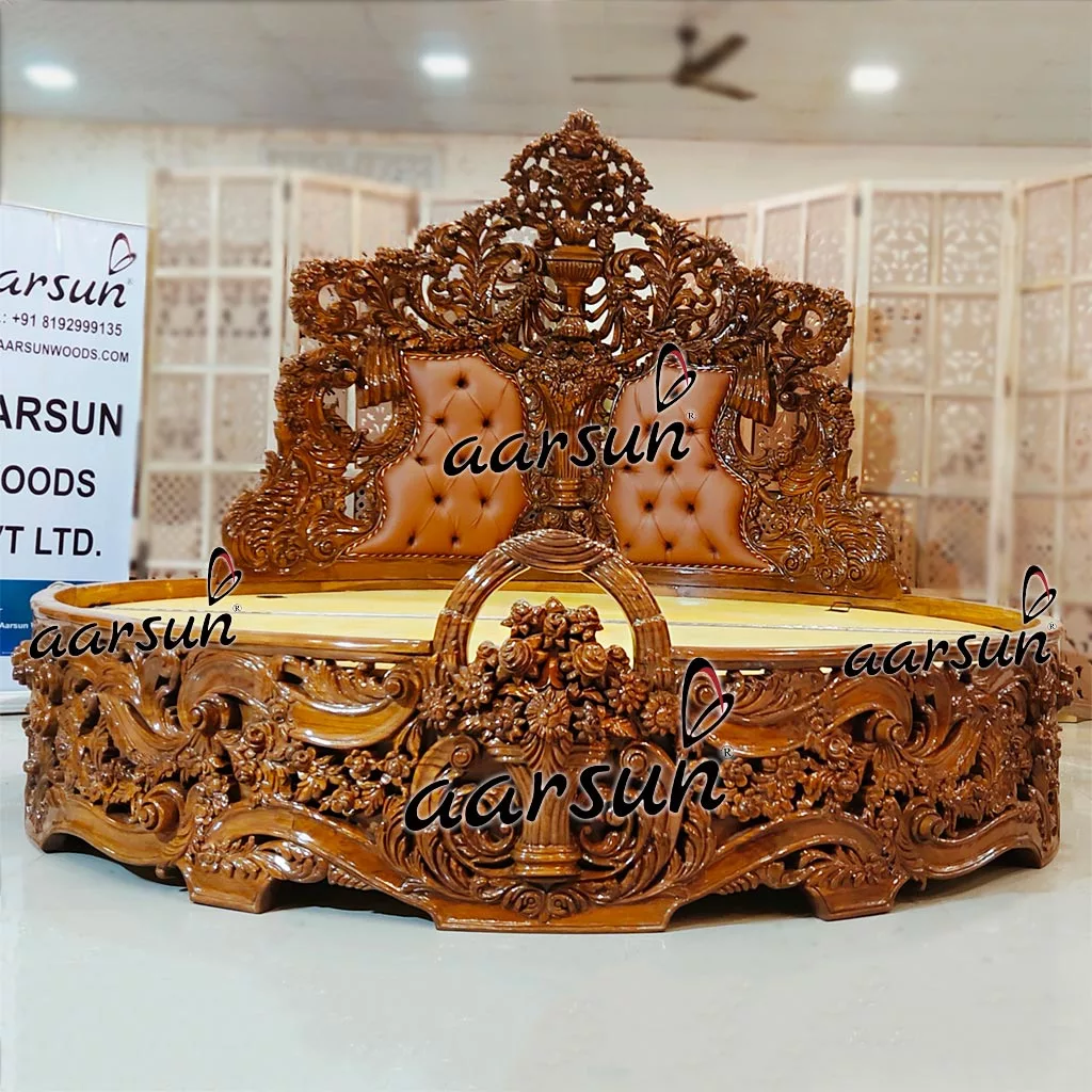 Carving Wooden Round bed top designs for luxury homes
