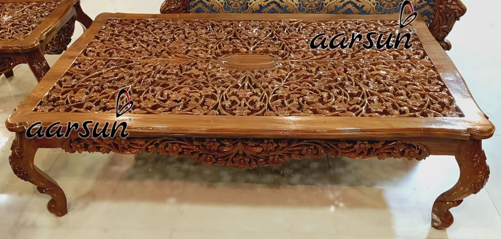 Solid Wood Double Carved Luxurious Centre Table, Classic Design Fully Carved Wooden Center Table By Aarsun
