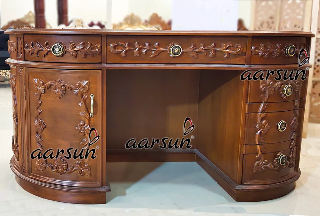 Hand Carved Oval Shaped Office Table in Teak Wood