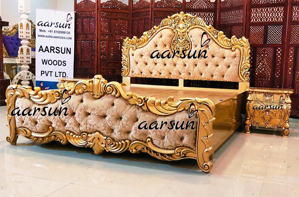 Handcrafted Carved Gold Finish Bed in Teak Wood-A