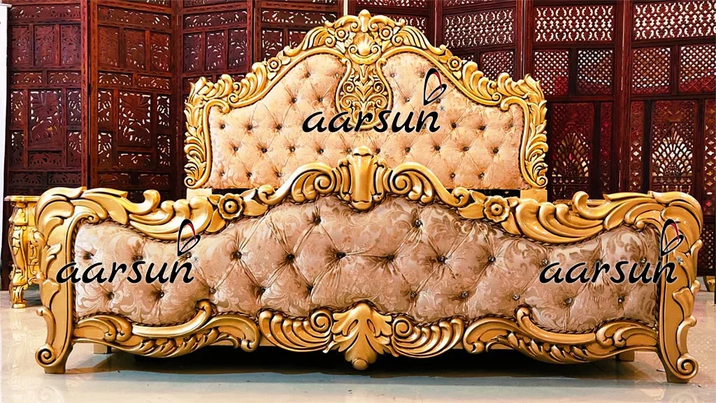 Aarsun Handcrafted Carved Gold Finish Bed in Teak Wood-B