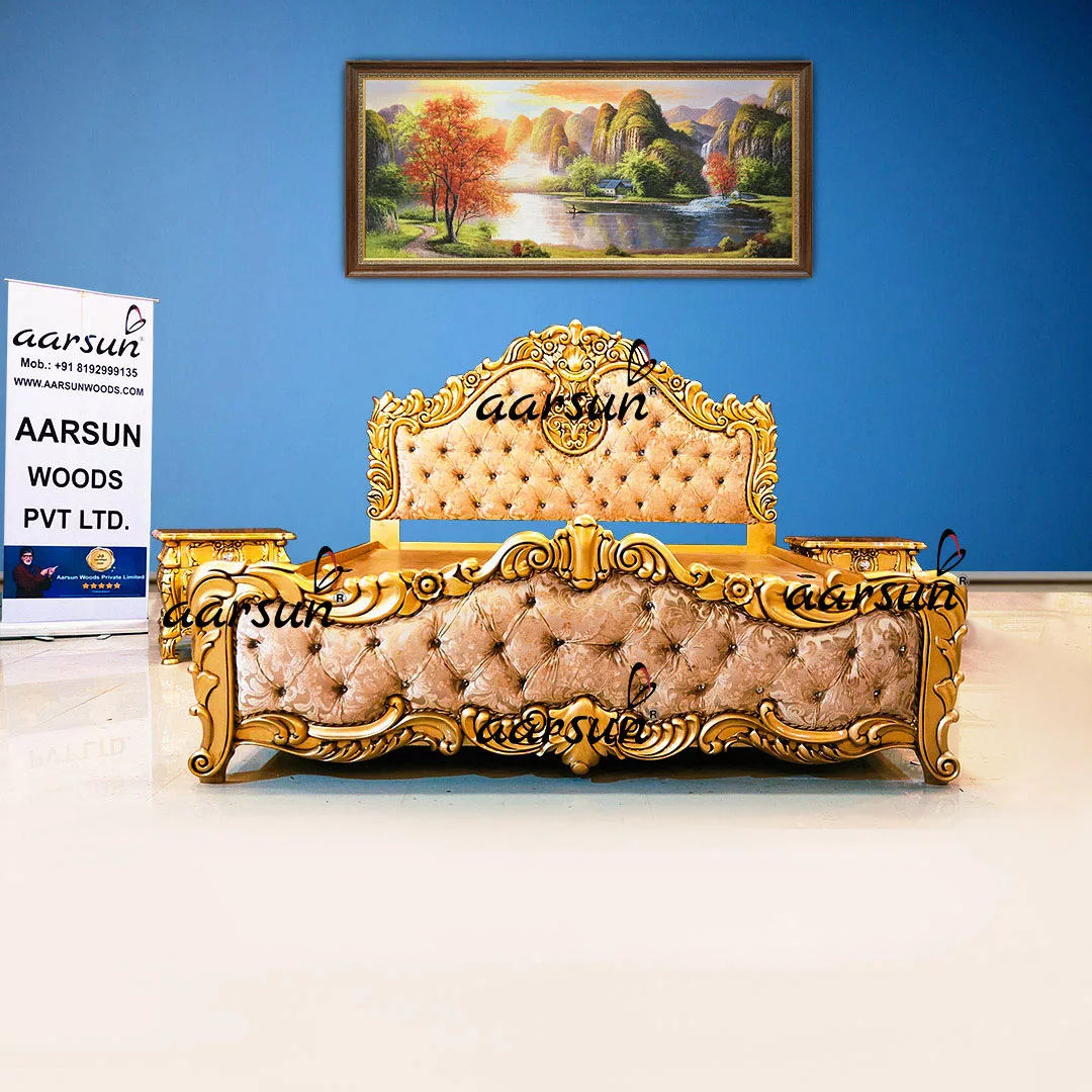 Image for Handcrafted Carved Gold Finish Bed in Teak Wood UH-YT-360