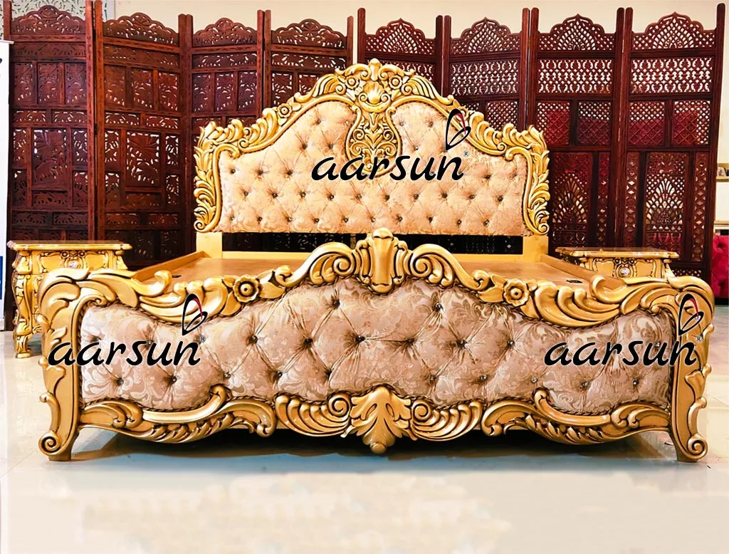 Aarsun Handcrafted Carved Gold Finish Bed in Teak Wood YT-360