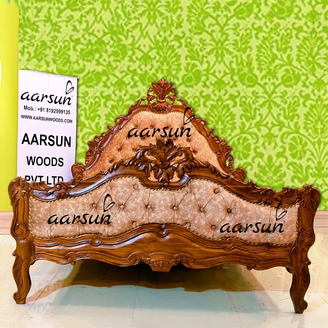 Handcrafted Queen Size Bed in Teak Wood with Semi Gloss Finish
