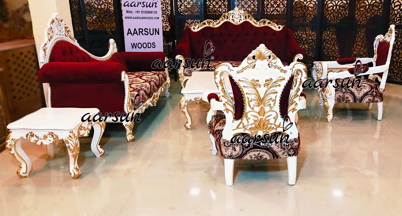 Aarsun White & Gold 8 Seater Sofa Set in Teak Wood UH-YT-358-A