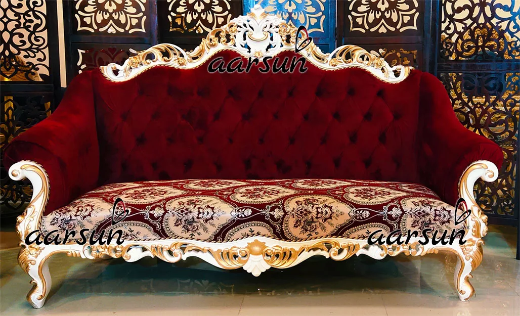 Aarsun White & Gold 8 Seater Sofa Set in Teak Wood UH-YT-358-B