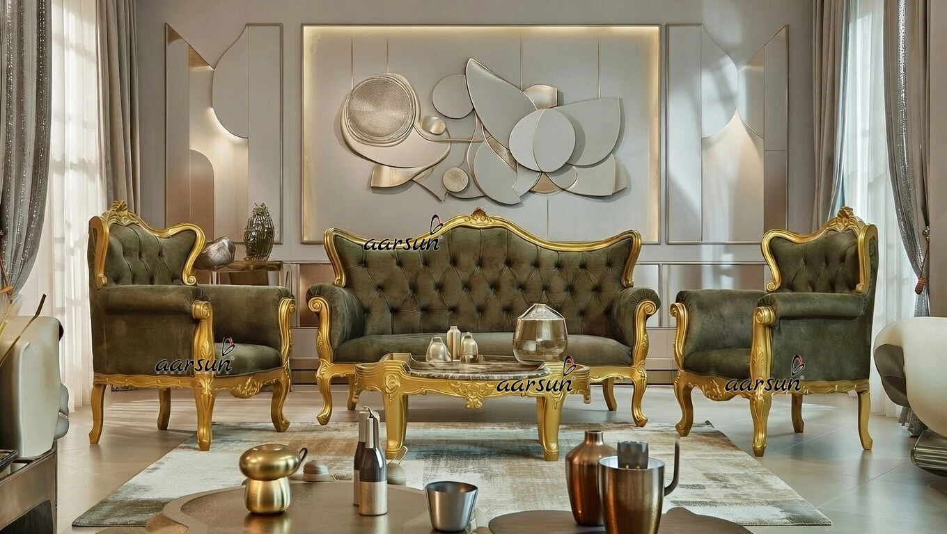 Pista Green Royal Sofa in Golden Finish