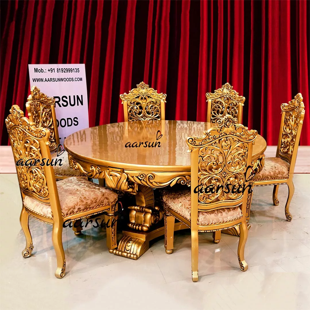 Royal Dining Table Chairs Set Gold Paint 