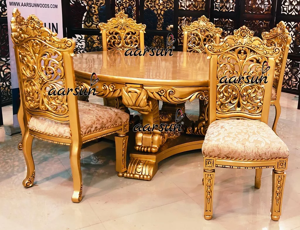 Royal Dining Table & Chairs Set in Teak & Gold Paint UH-YT-388