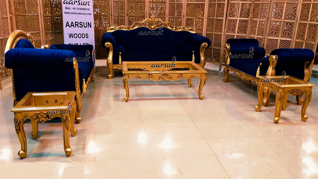 8 Seater Gold Couch Set Carved in Teak Wood Carved by Artisans UH-YT-432