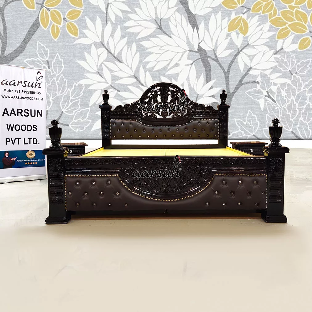 Image for Black Maharaja Bed with Side Tables Finely Carved in Teak UH-YT-425