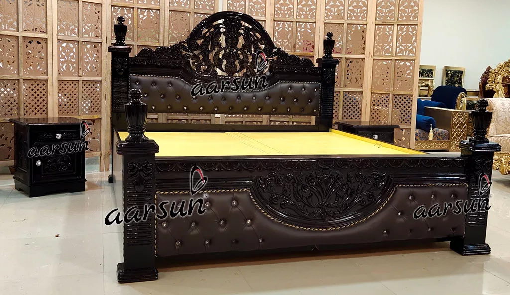 Black Maharaja Bed with Side Tables Finely Carved in Teak YT-425-A