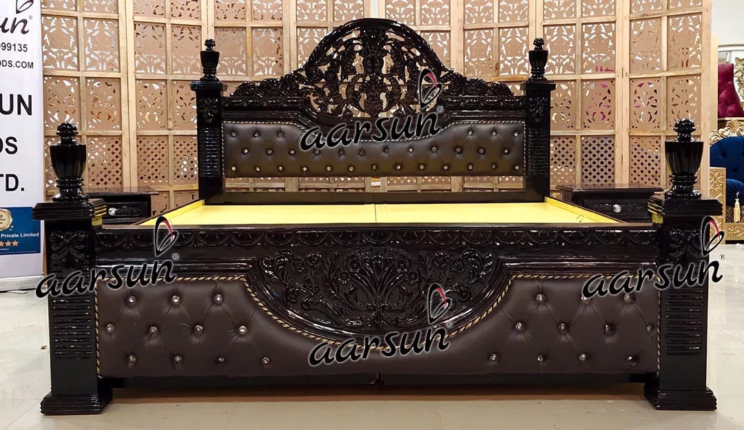 Black Maharaja Bed with Side Tables Finely Carved in Teak YT-425-B