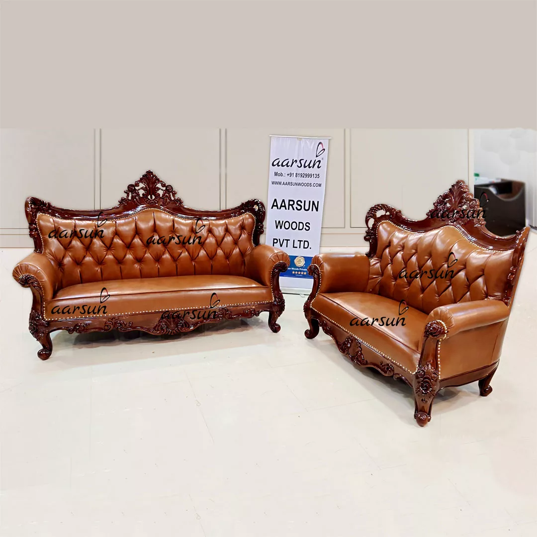 Brown Leatherette Sofa in Teak Wood UH-YT-401