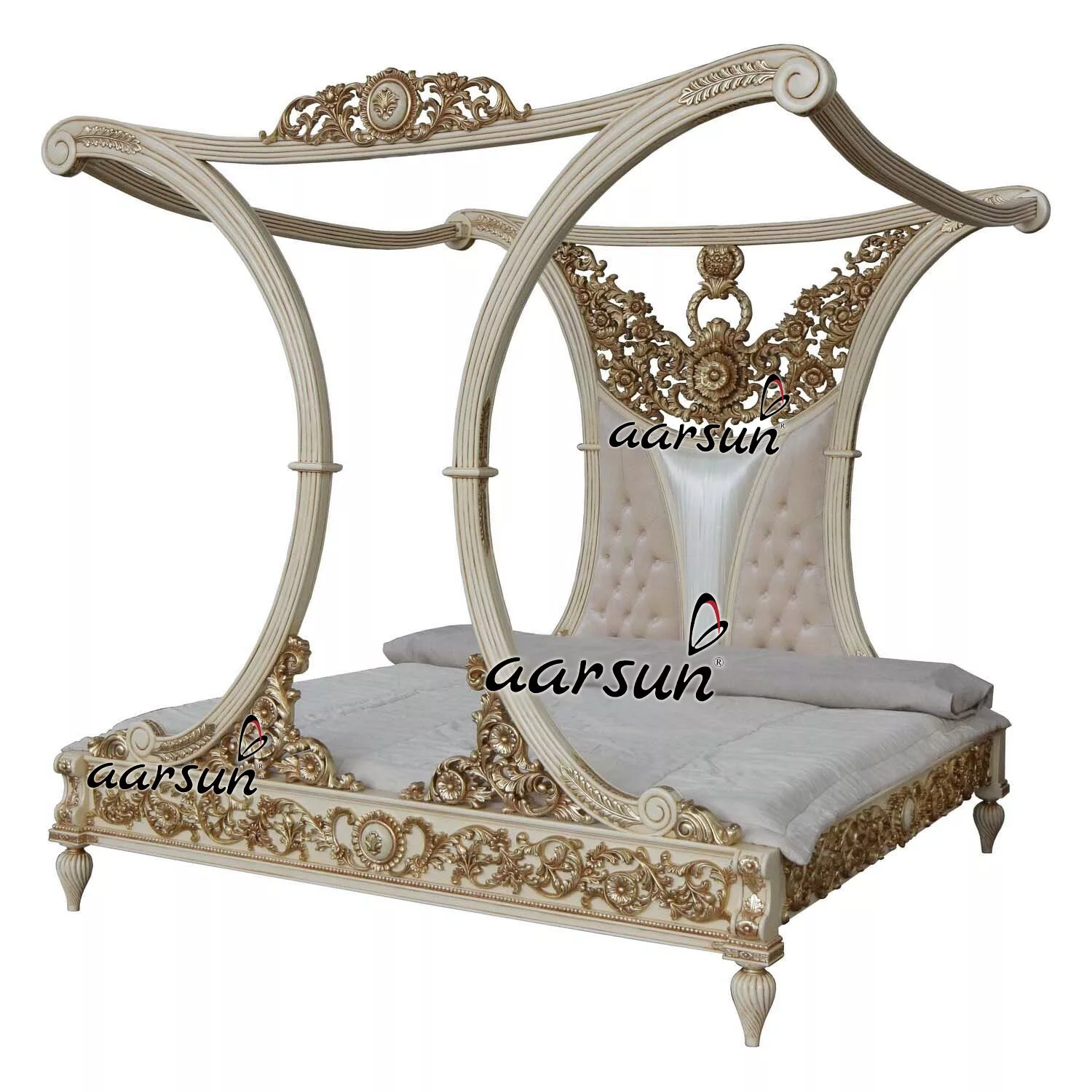 Designer Canopy Bed in Subtle White and Gold on Floral Carvings BED-0054