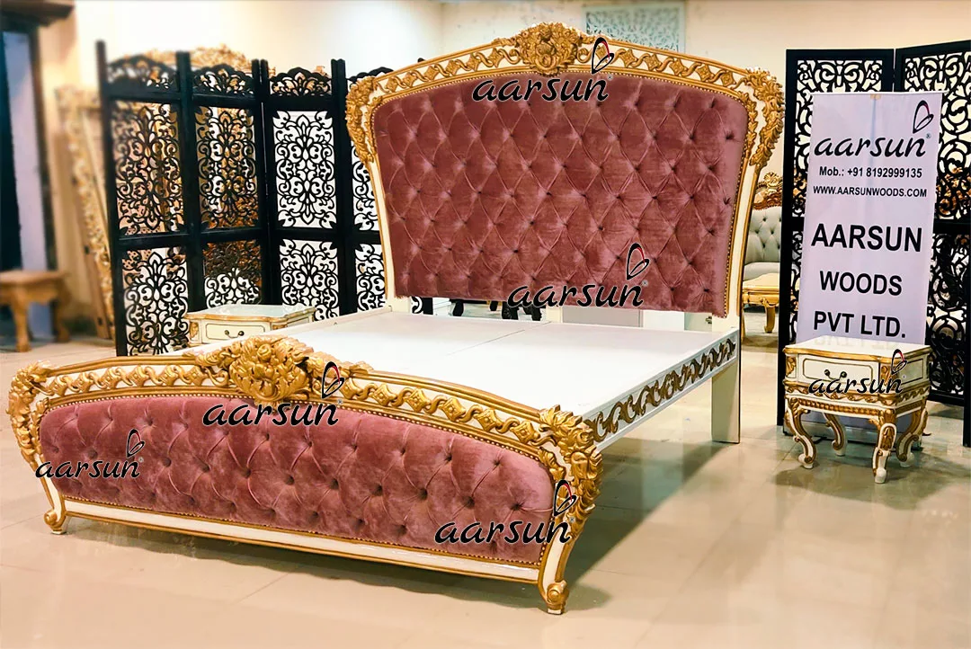 High Back Royal Bed in White & Gold with Contemporary Quilting-B