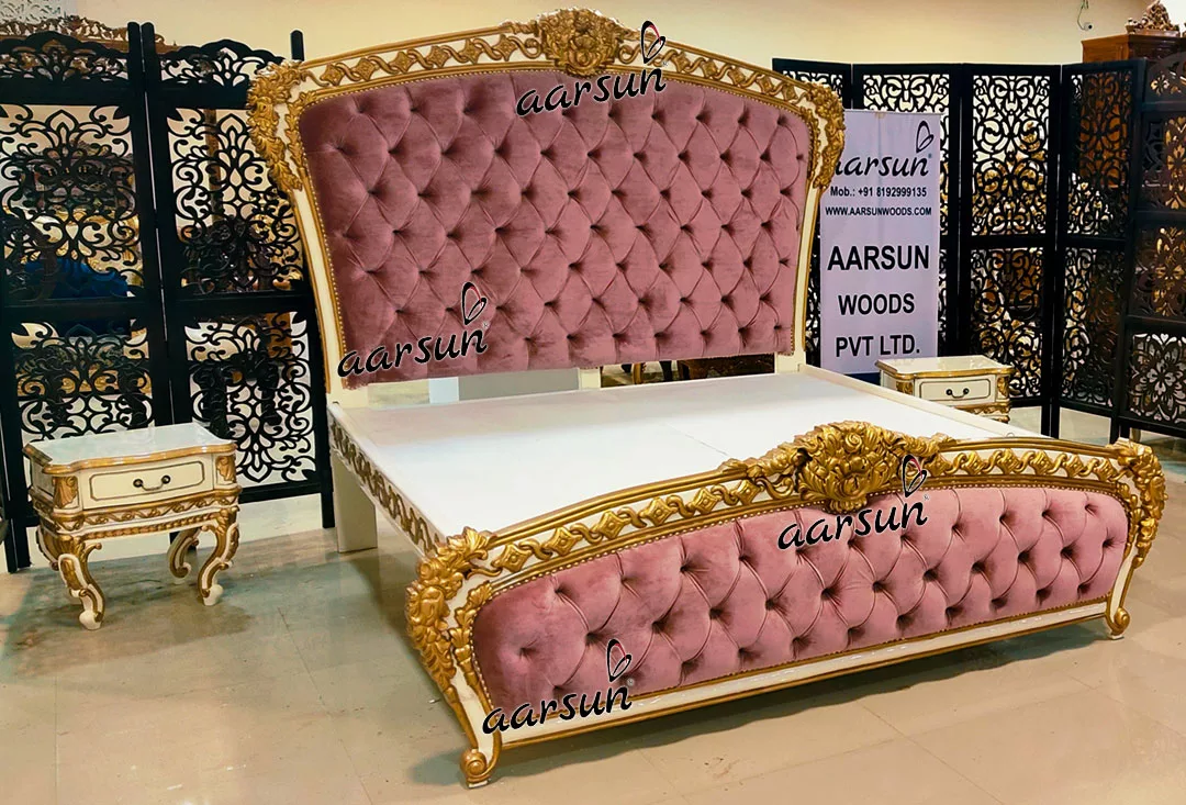 High Back Royal Bed in White & Gold with Contemporary Quilting-C