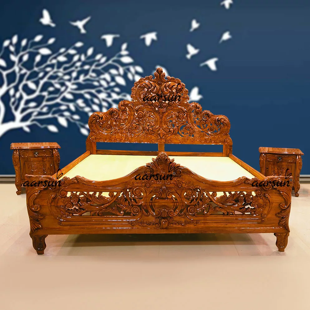 Image for King Size Bed Fully Hand Carved in Teak Wood High Gloss Finish UH-YT-421