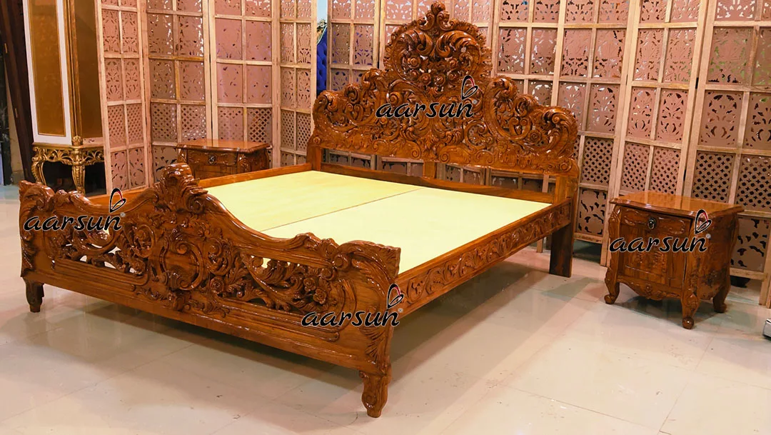 King Size Bed Fully Hand Carved in Teak Wood High Gloss Finish YT-421-A