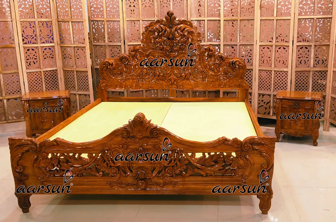 King Size Bed Fully Hand Carved in Teak Wood High Gloss Finish YT-421-B
