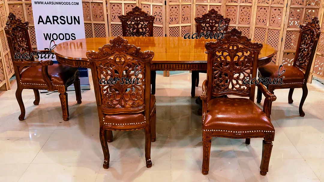 6 Seater Dining Set in Teak Wood Teak Glossy Finish-C