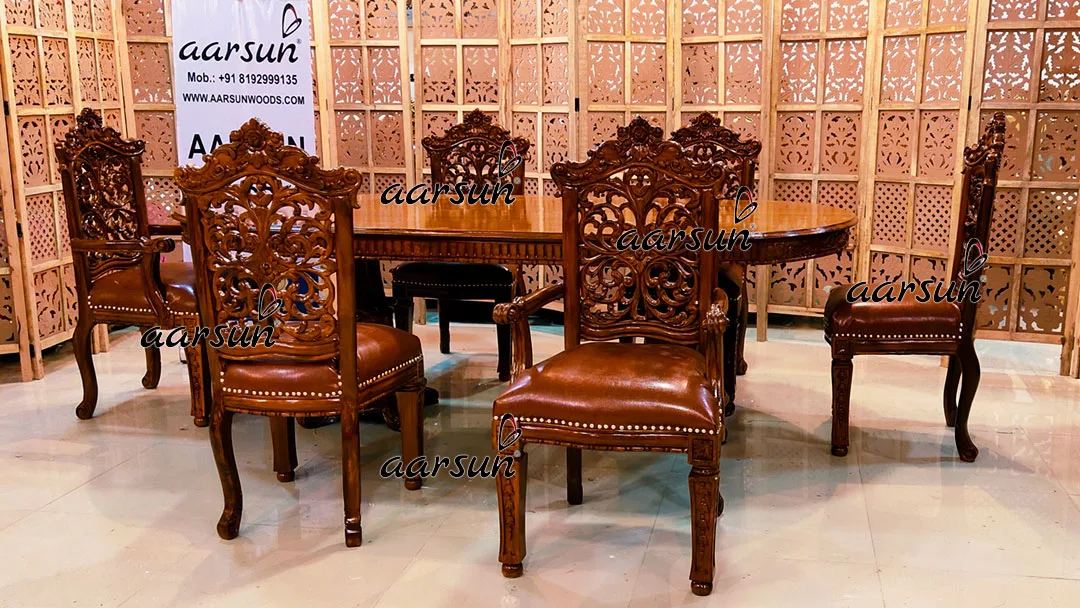 6 Seater Dining Set in Teak Wood Teak Glossy Finish UH-YT-461