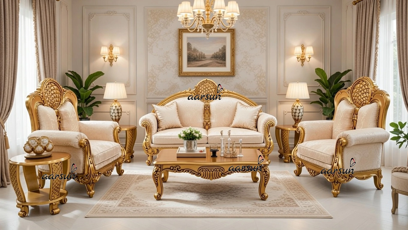 Image for Dreamy Sofa Set 5 Seater Carved in Teak & Gold Painted UH-YT-454