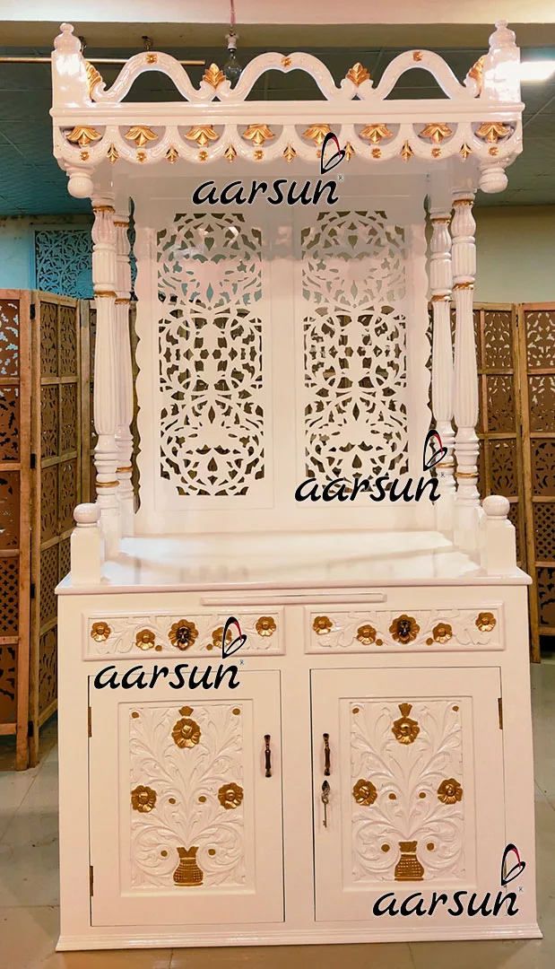 Grand Temple in Marble-Like White Finish Carved in Teak UH-YT-464-B